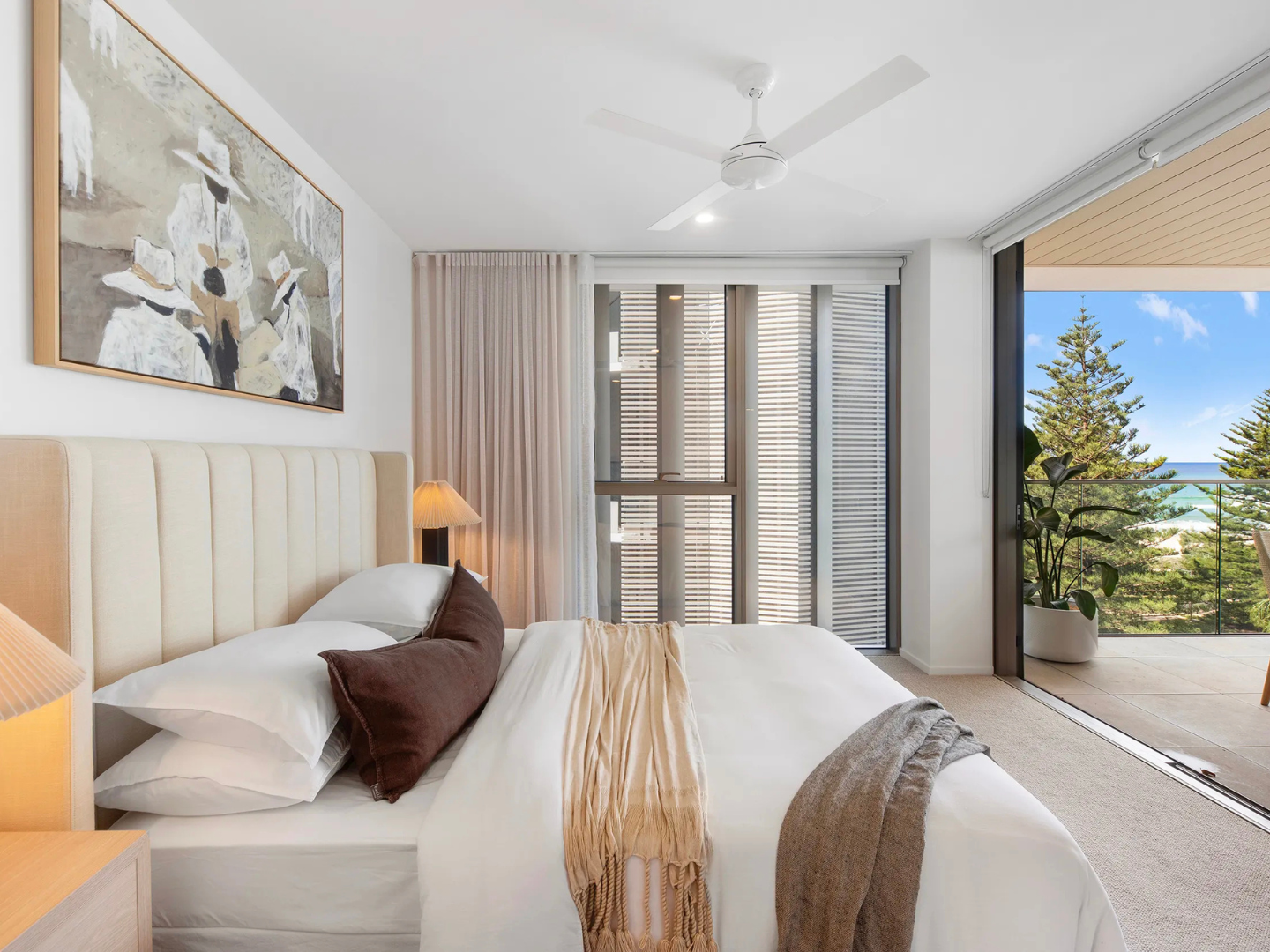 Bedroom styled with  artwork for hire in Burleigh Heads apartment