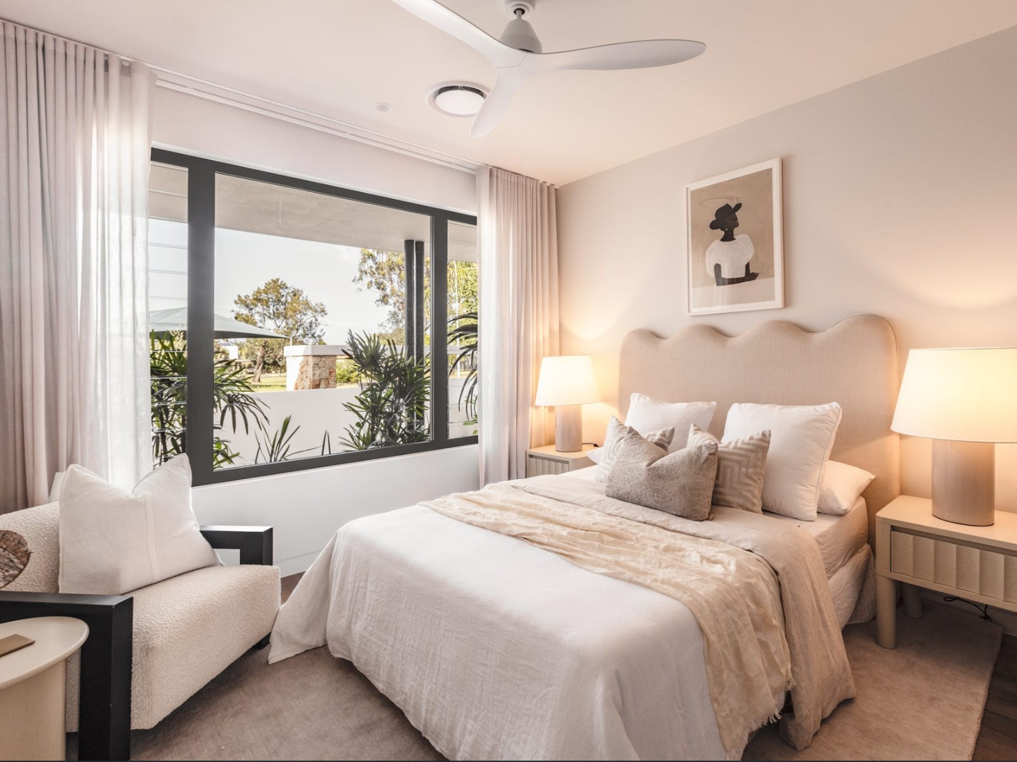 Bedroom styled with artwork for hire in Burleigh Waters House
