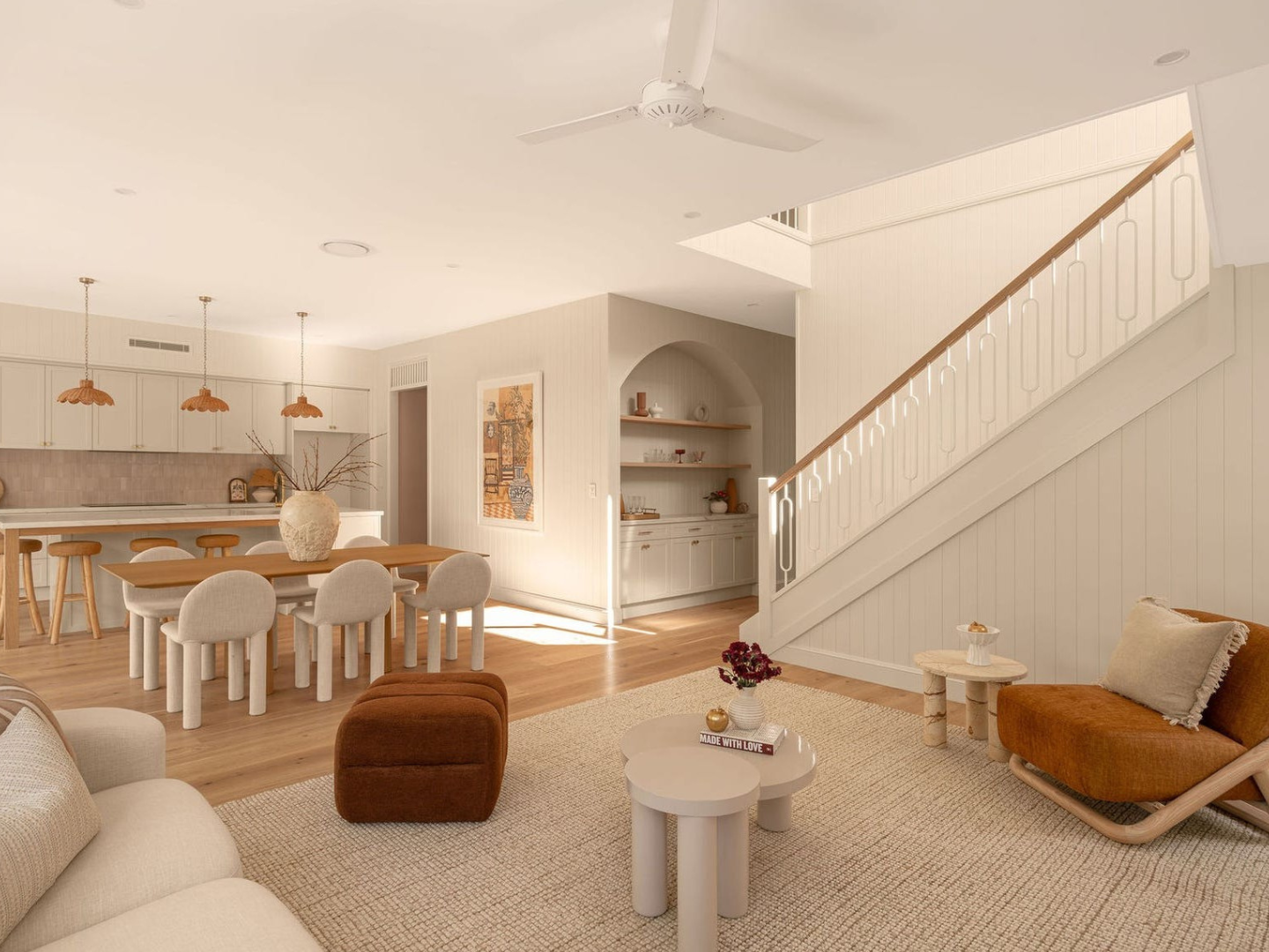 Dining space featuring curated artwork for hire in Nundah property styling project