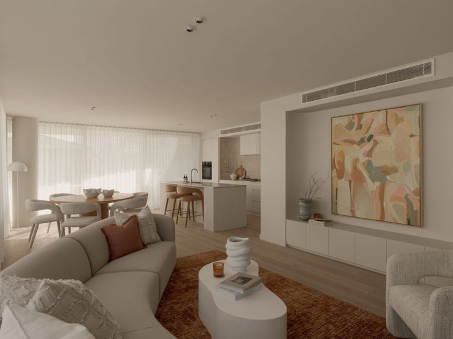 Living room styled with contemporary artwork for hire in Palm Beach apartment built by Graya called Kloud