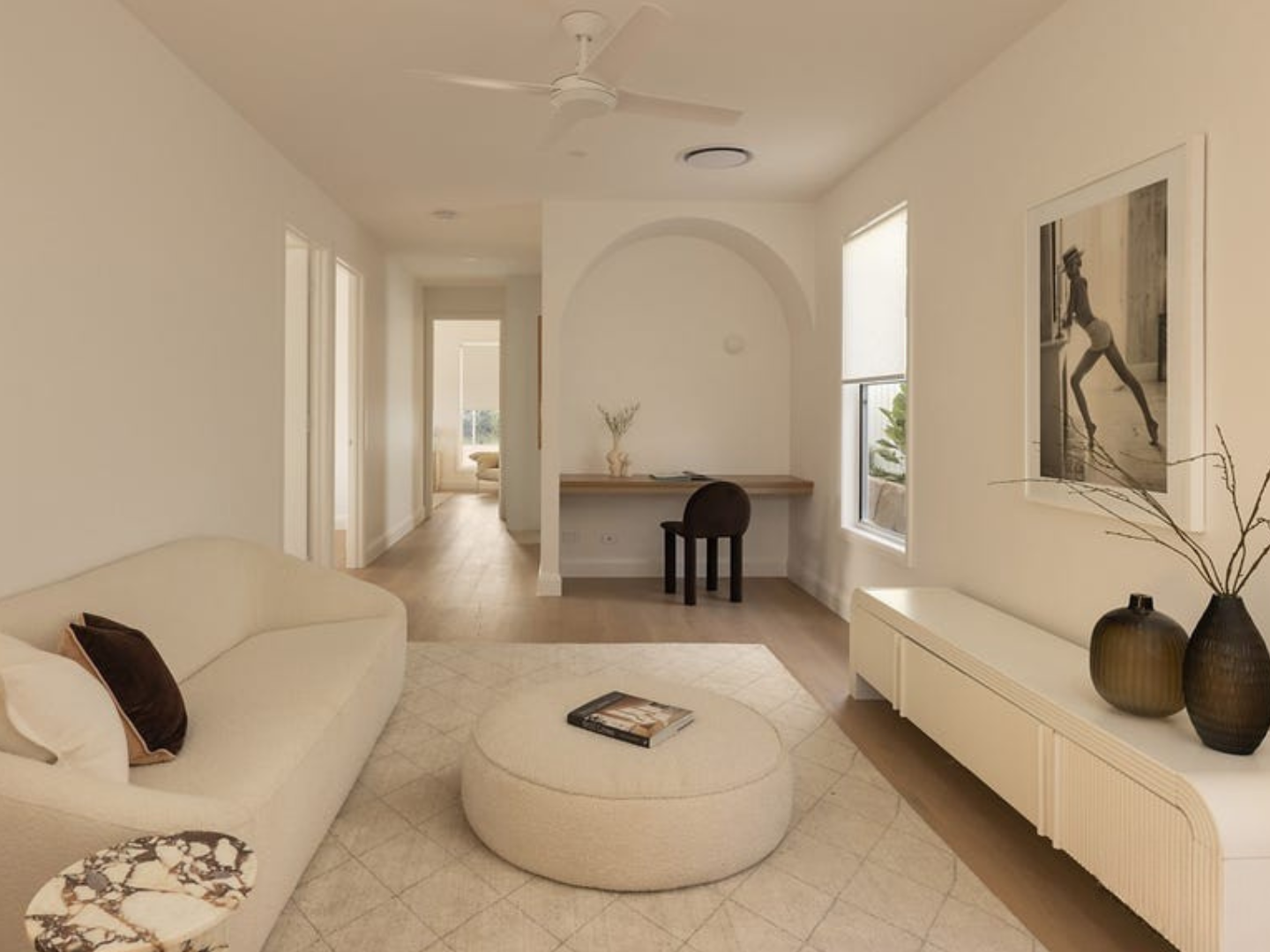 Living room styled with contemporary artwork for hire in Brisbane home