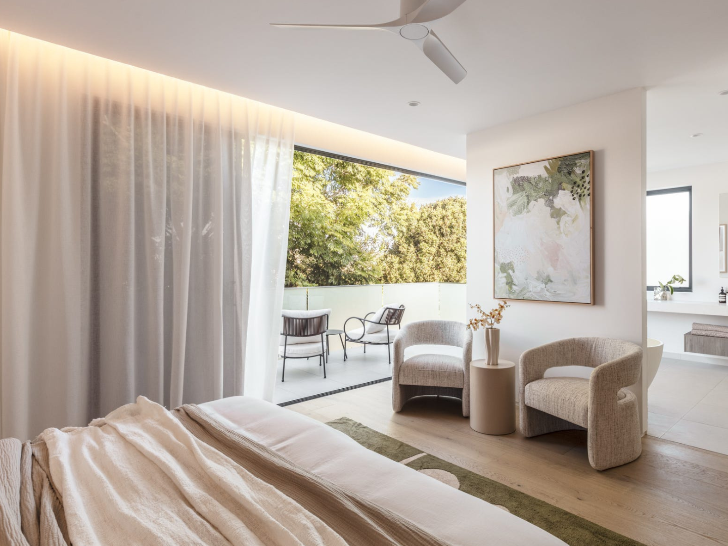 Bedroom styled with neutral abstract artwork for hire in Miami Gold Coast home